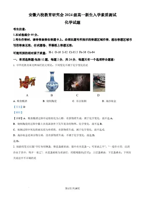 安徽六校教育研究会2024-2025学年高一上学期新生入学素质测试化学试题(解析版)