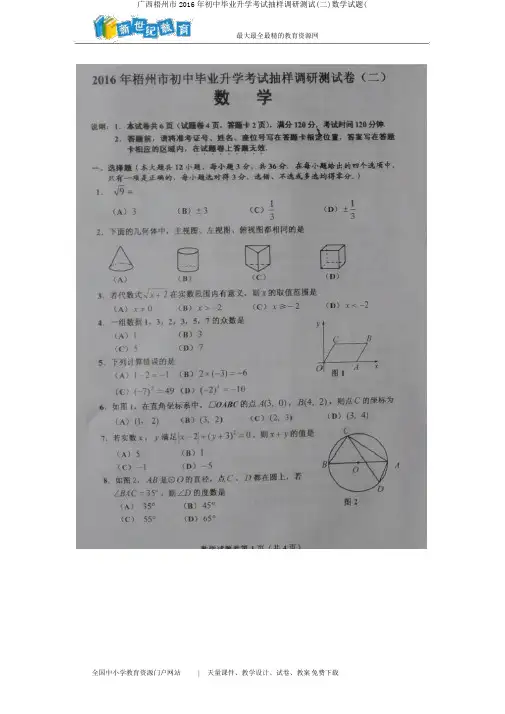广西梧州市2016年初中毕业升学考试抽样调研测试(二)数学试题(