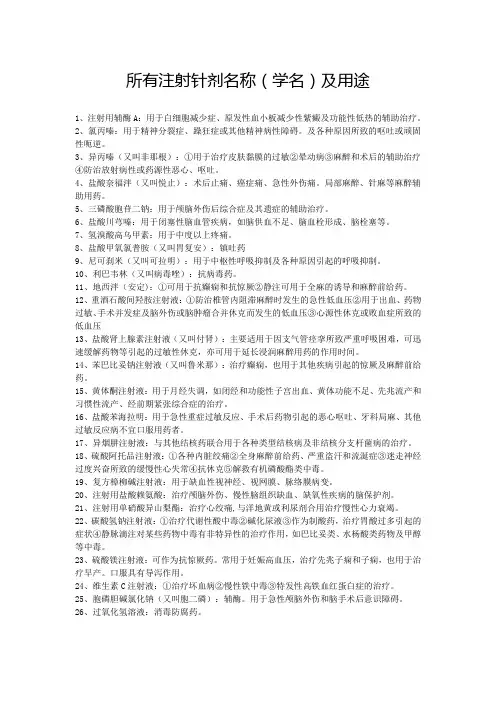 注射针剂名称(学名)及用途