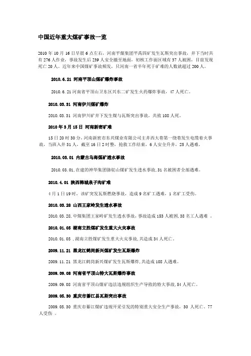 中国近年重大煤矿事故一览