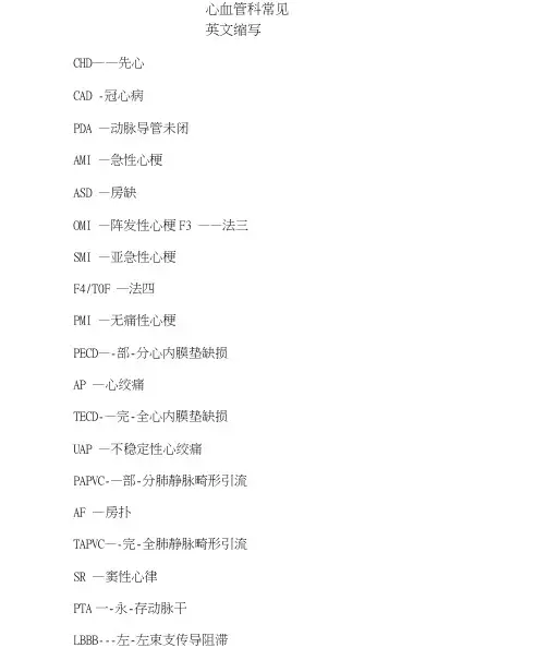 心血管科常见英文缩写