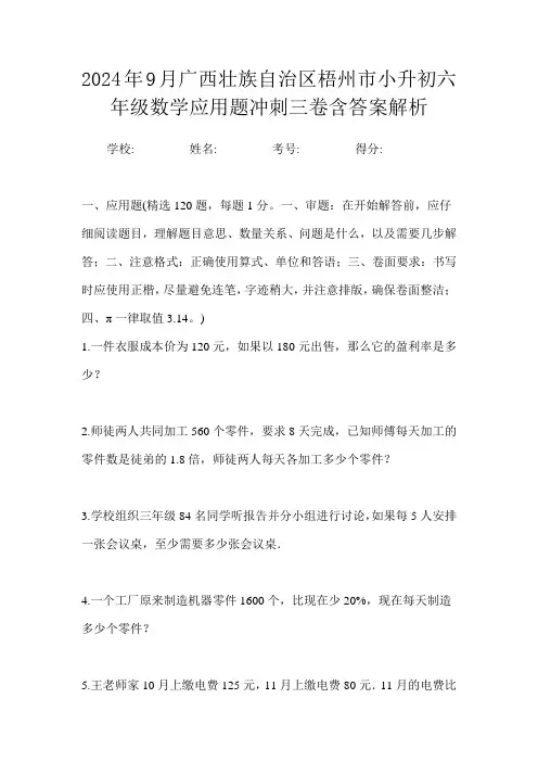 2024年9月广西壮族自治区梧州市小升初数学六年级应用题冲刺三卷含答案解析