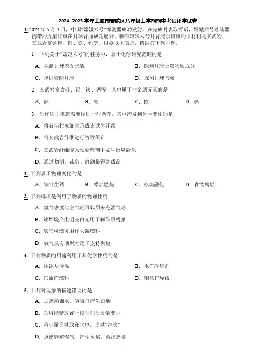 2024--2025学年上海市普陀区八年级上学期期中考试化学试卷