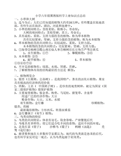 小学六年级冀教版科学上册    知识点总结