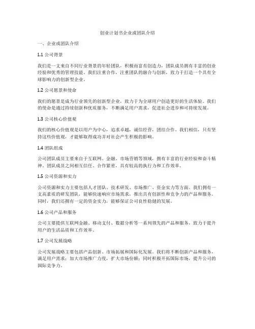 创业计划书企业或团队介绍