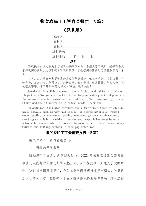 拖欠农民工工资自查报告(2篇)