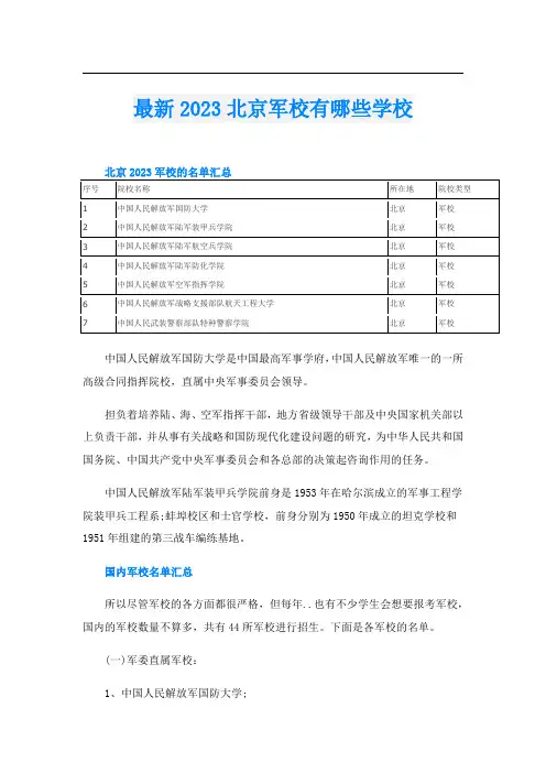 最新2023北京军校有哪些学校