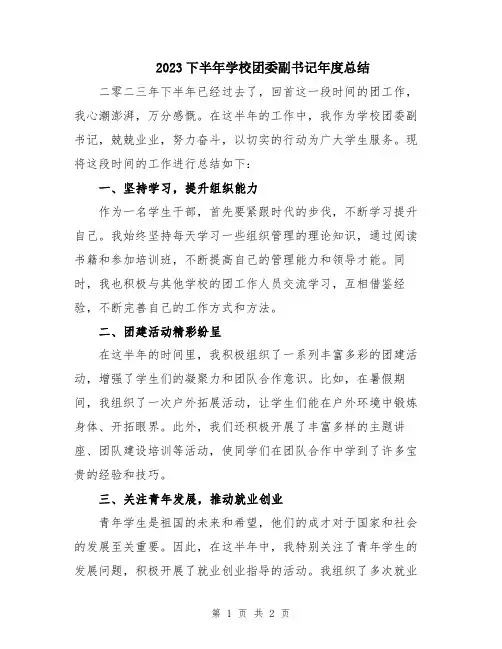 2023下半年学校团委副书记年度总结
