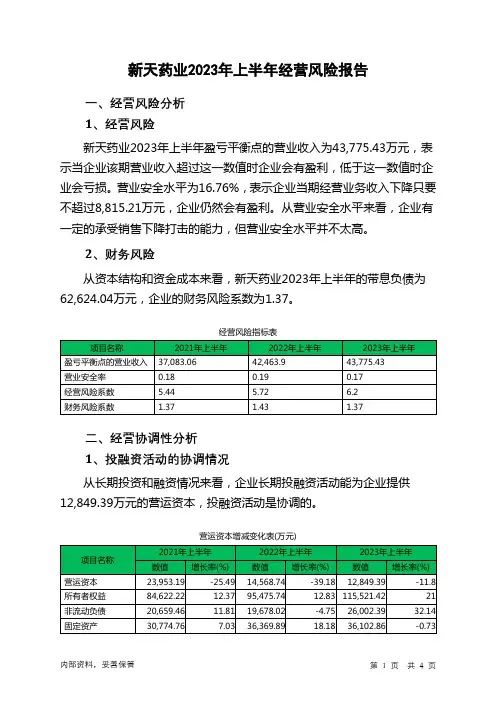 002873新天药业2023年上半年经营风险报告