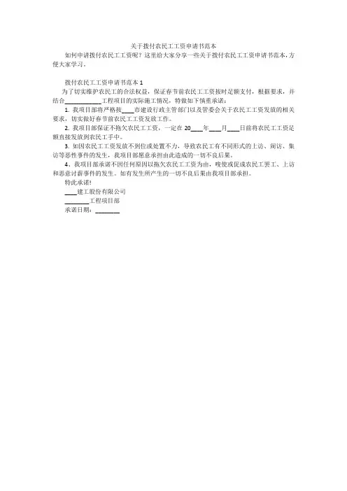 关于拨付农民工工资申请书范本