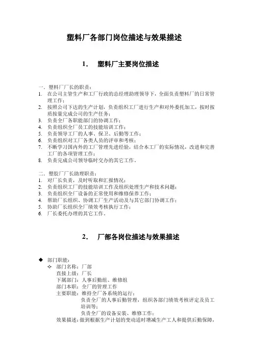 塑料厂各部门岗位描述与效果描述