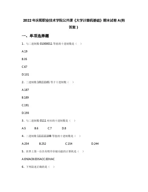 2022年庆阳职业技术学院公共课《大学计算机基础》期末试卷A(有答案)