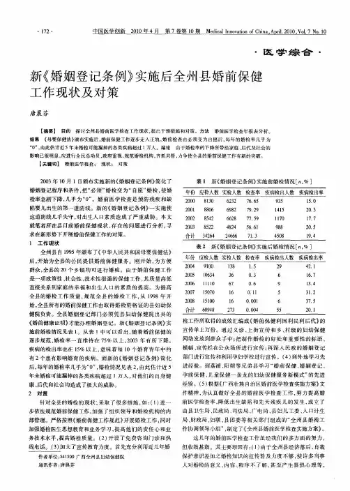 新《婚姻登记条例》实施后全州县婚前保健工作现状及对策