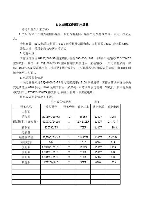 采煤工作面供电计算整定值