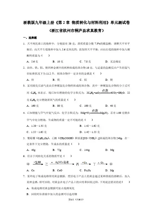 浙教版九年级(上)《第2章 物质转化与材料利用》单元测试卷(浙江省杭州市桐庐县求真教育)
