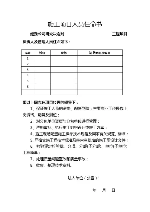 施工项目人员任命书