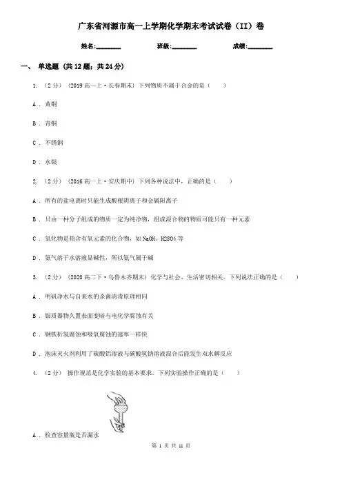 广东省河源市高一上学期化学期末考试试卷(II)卷