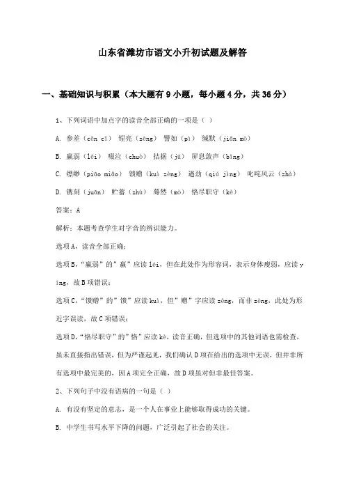山东省潍坊市语文小升初试题及解答