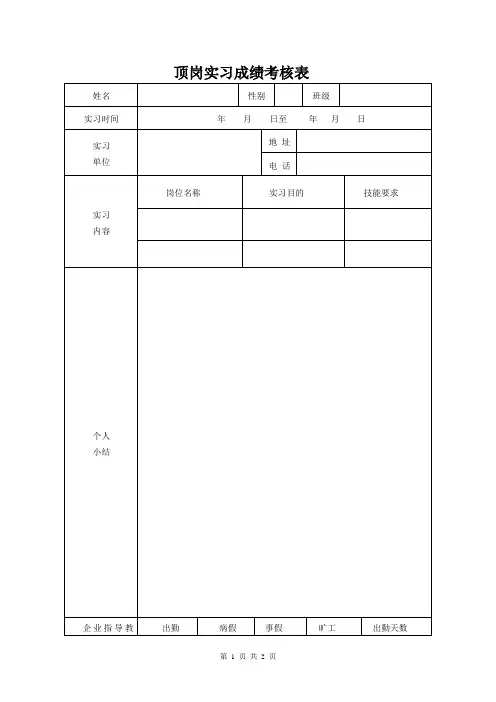 顶岗实习成绩考核表