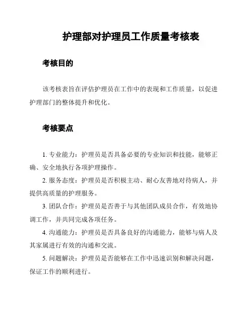 护理部对护理员工作质量考核表