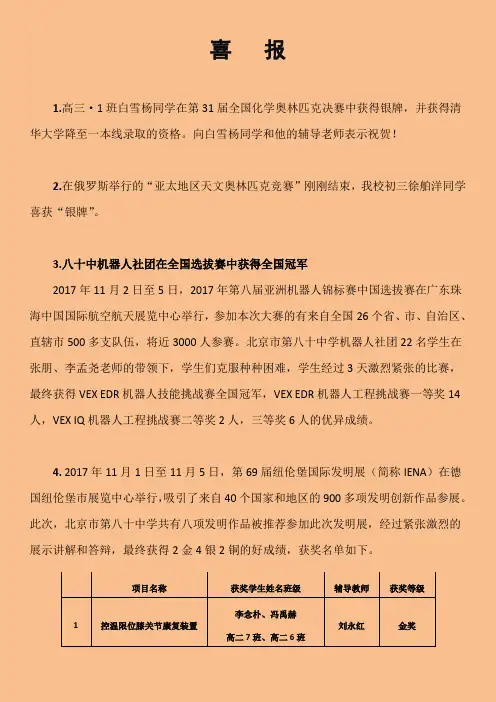 喜报1高三·1班白雪杨同学在第31届全国化学奥林匹克决赛中获得