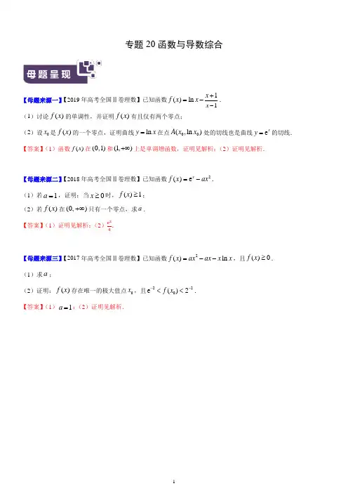 2019年全国高考数学·分类汇编 专题20 函数与导数综合(解析版)