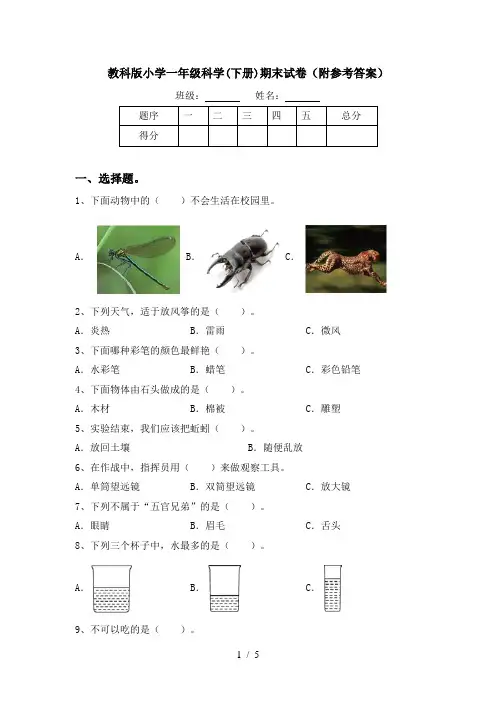 教科版小学一年级科学(下册)期末试卷(附参考答案)
