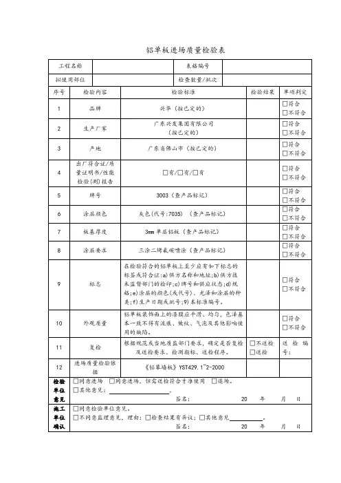 铝单板进场质量检验表