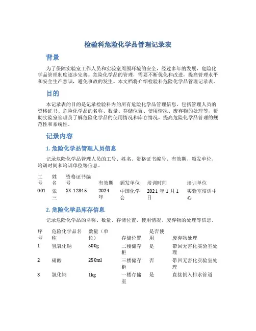 检验科危险化学品管理记录表