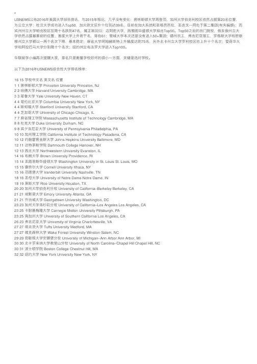 最新出炉：USNews2016美国大学综合排名