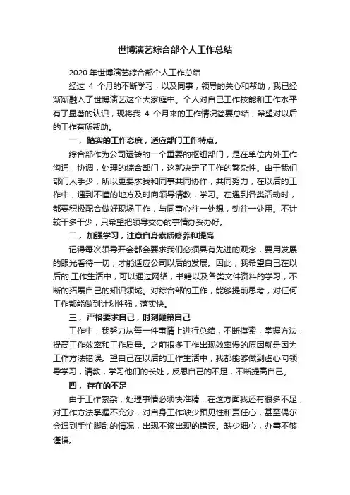 2020年世博演艺综合部个人工作总结