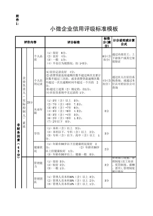 小微企业信用评级标准模板