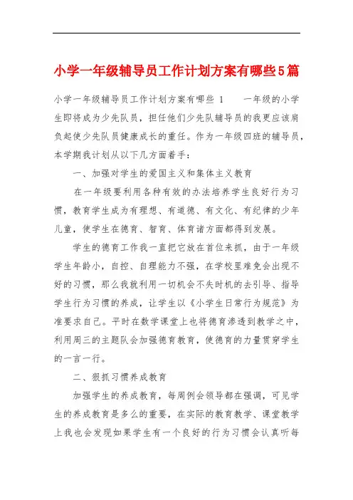 小学一年级辅导员工作计划方案有哪些5篇