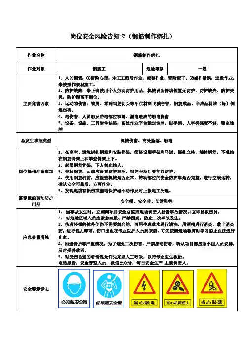 岗位安全风险告知卡(钢筋制作绑扎)