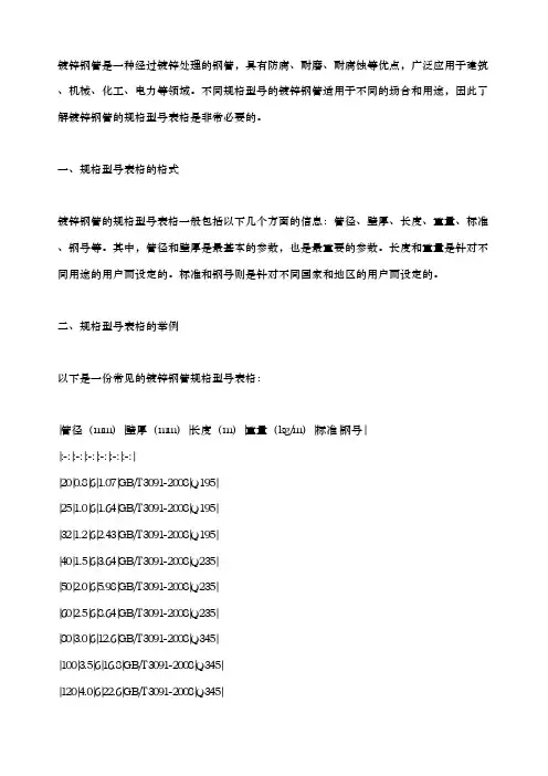 镀锌钢管的规格型号表