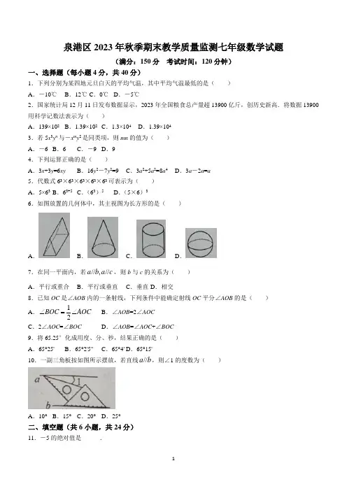 福建省泉州市泉港区2023-2024学年七年级上学期期末数学试题(含答案)