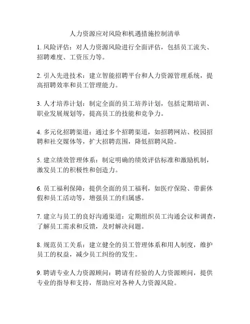 人力资源应对风险和机遇措施控制清单
