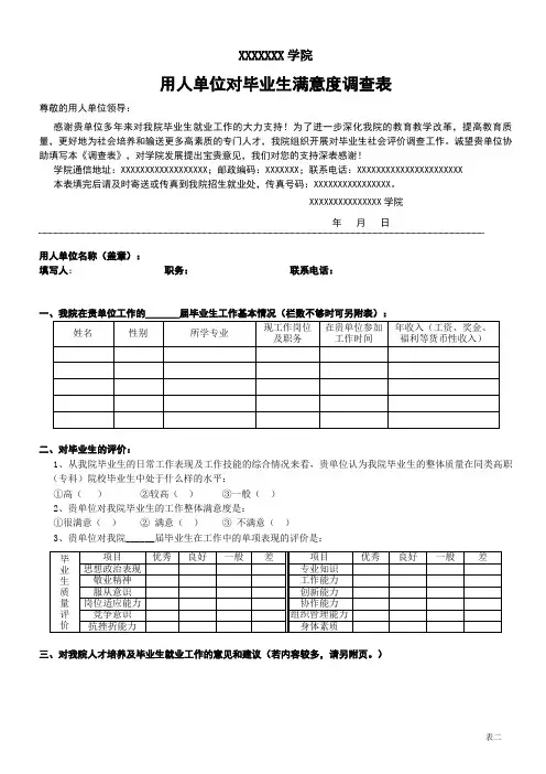 用人单位对毕业生满意度调查表