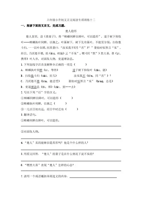 人教部编版小学语文文言文阅读专项练习(十二)(含答案)