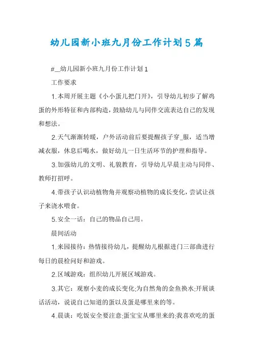 幼儿园新小班九月份工作计划5篇