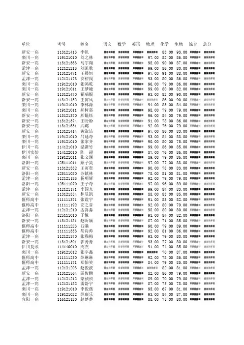 洛阳市2014年高一质检A卷理科成绩