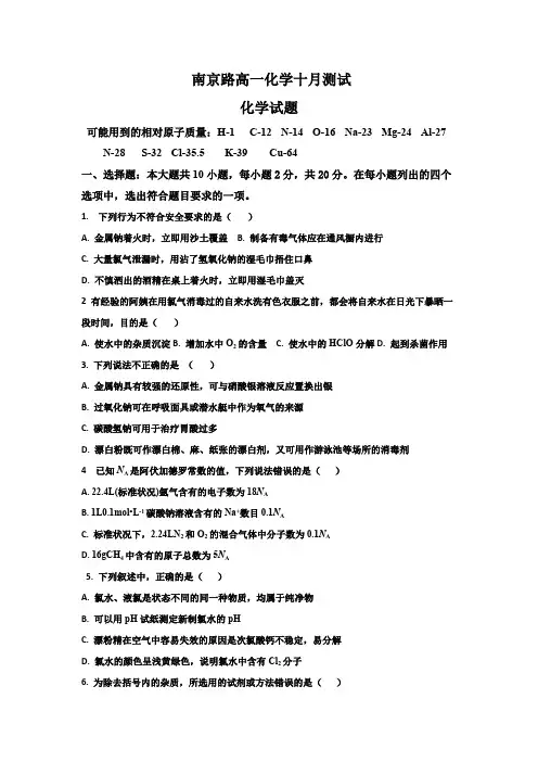 山东省菏泽市第一中学南京路校区2024-2025学年高一上学期10月月考化学试题(含答案)