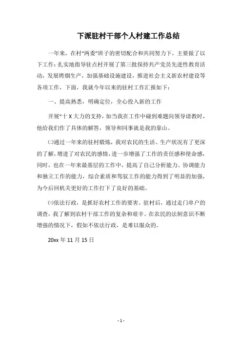 2018下派驻村干部个人村建工作总结
