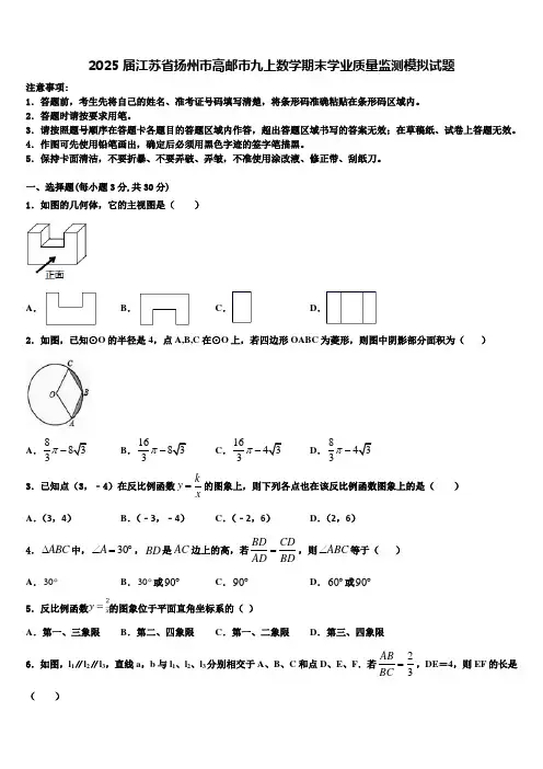 2025届江苏省扬州市高邮市九上数学期末学业质量监测模拟试题含解析