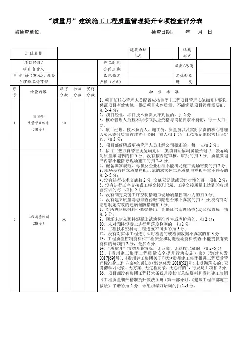 “质量月”建筑施工工程质量管理提升专项检查评分表