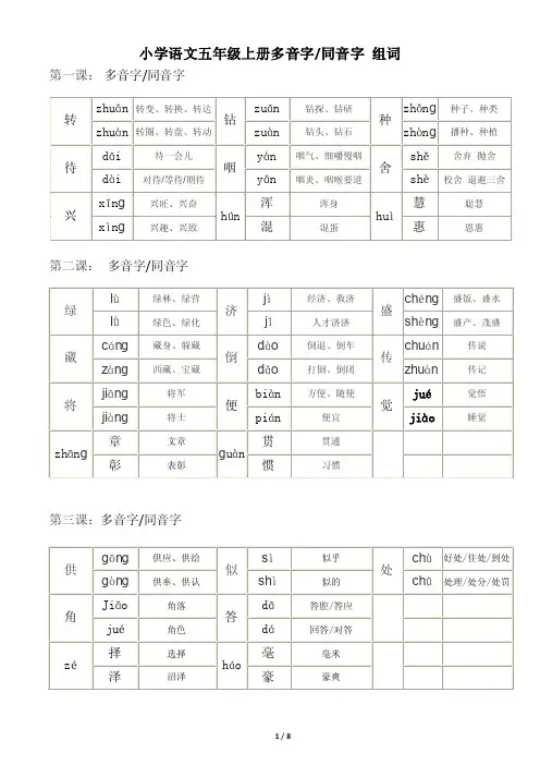 五年级上册语文多音字同音字组词