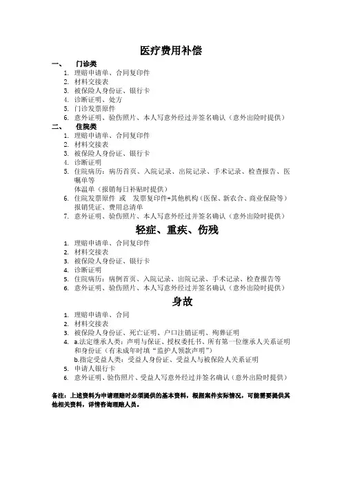 理赔申请常用资料表