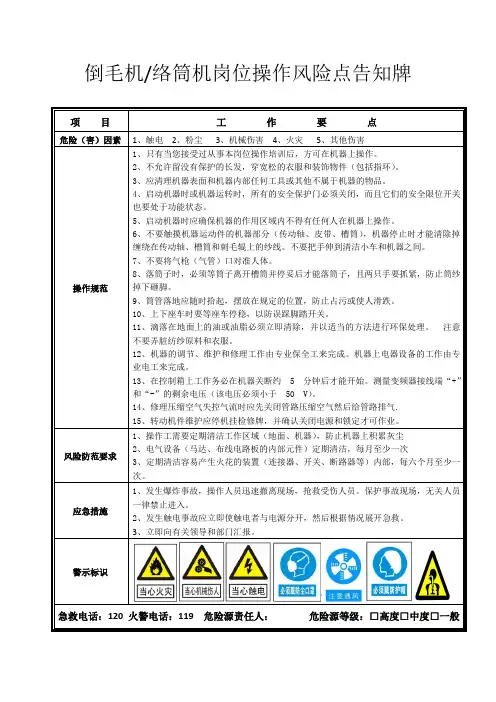 倒毛机络筒机岗位操作风险点告知牌