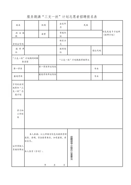 服务期满“三支一扶”计划志愿者招聘报名表