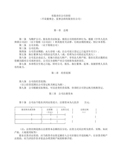 有限责任公司章程 (不设董事会监事会)